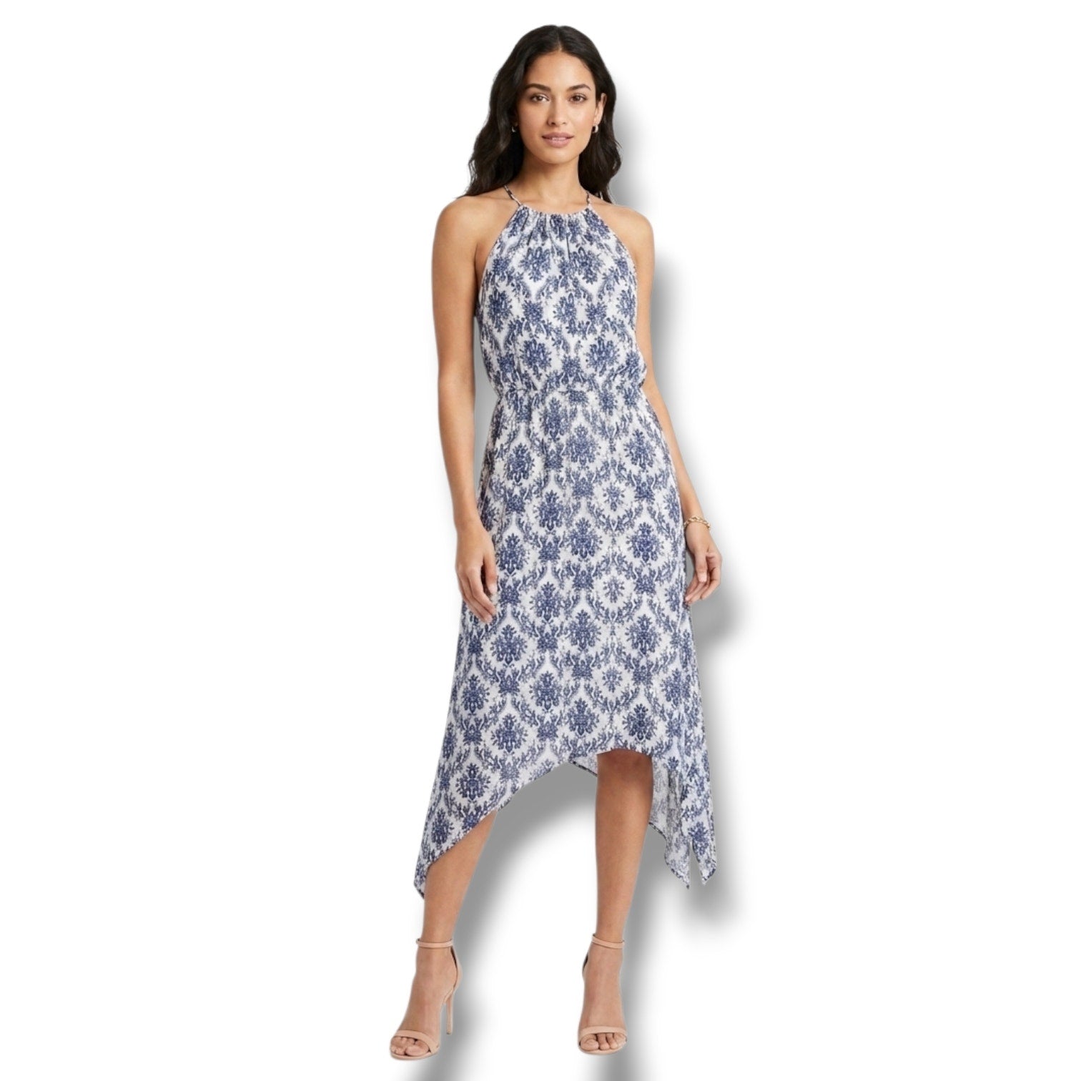 Foreign Exchange Blue & White Floral Sharkbite Hem Dress – Size Small