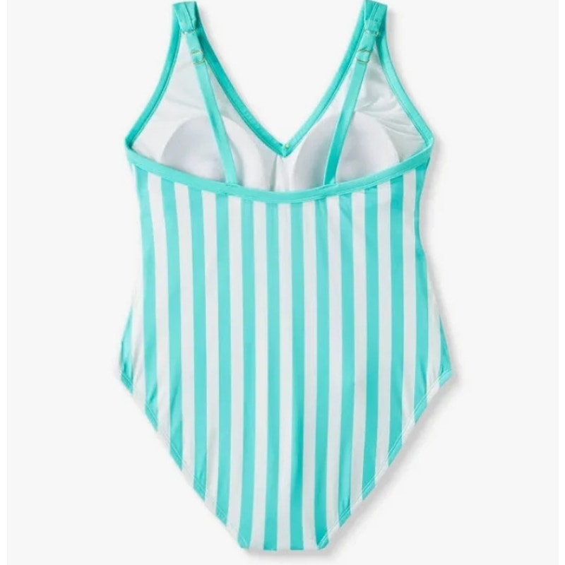 Kona Sol Women’s Teal & White Striped V-Neck One-Piece Swimsuit New
