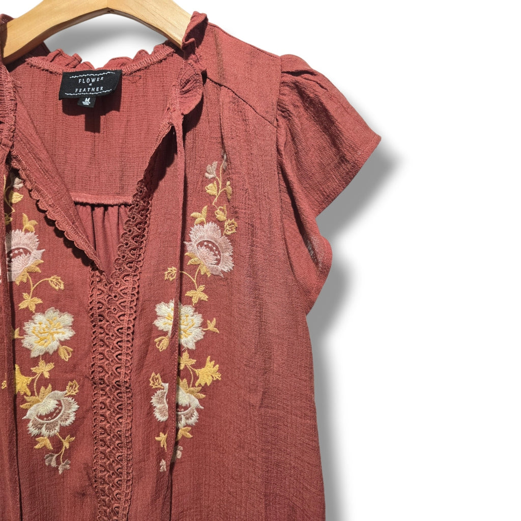Flower & Feather Women's Medium Rust Terracotta Embroidered Flutter Sleeve Top
