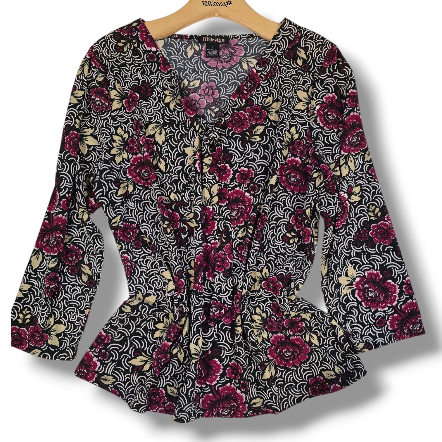 BYdesign Women’s Vintage Multicolor Floral Tie-Neck Long Sleeve Blouse – Large