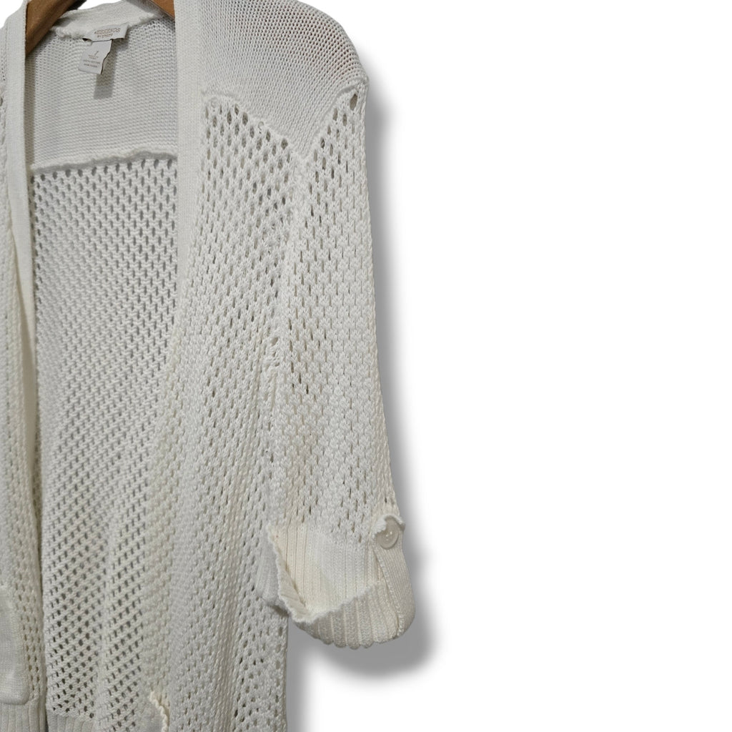 Weekends by Chico's White Open Crochet Knit Cardigan