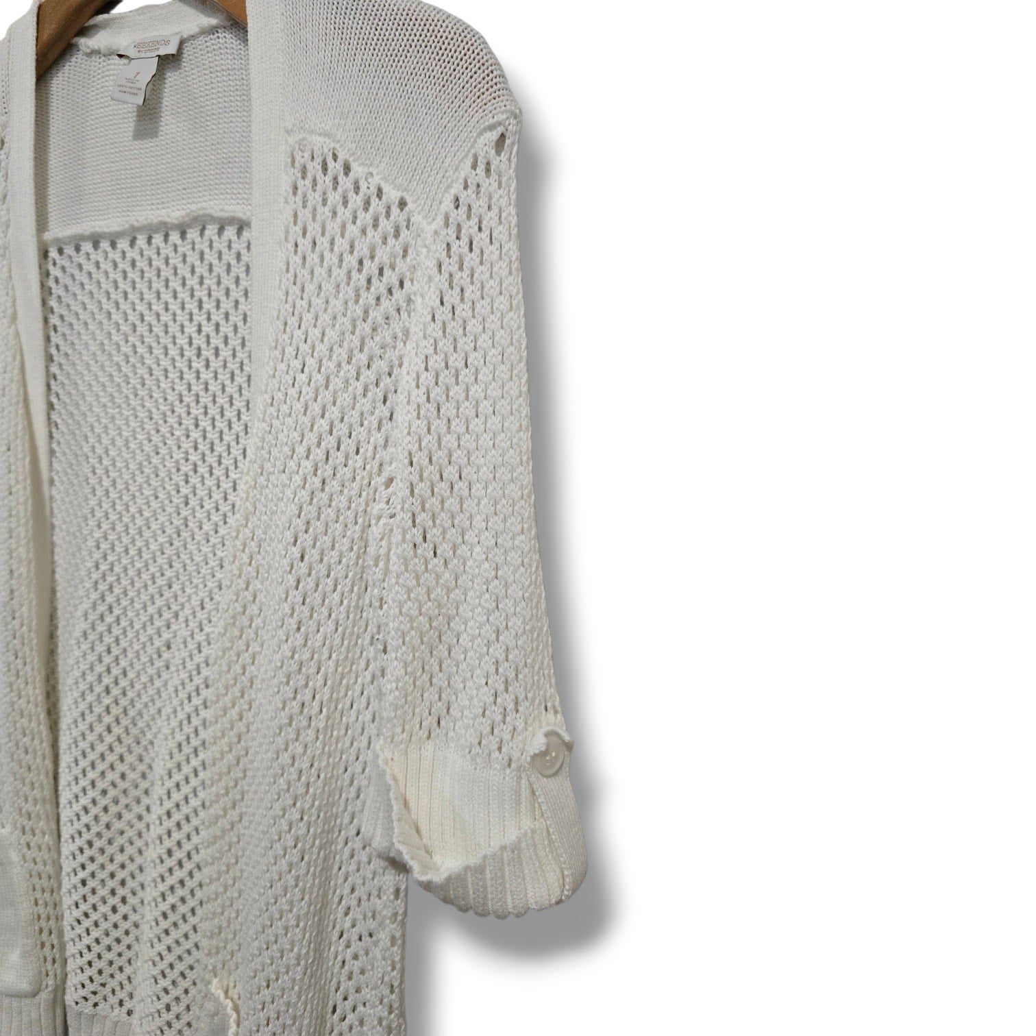 Weekends by Chico's White Open Crochet Knit Cardigan
