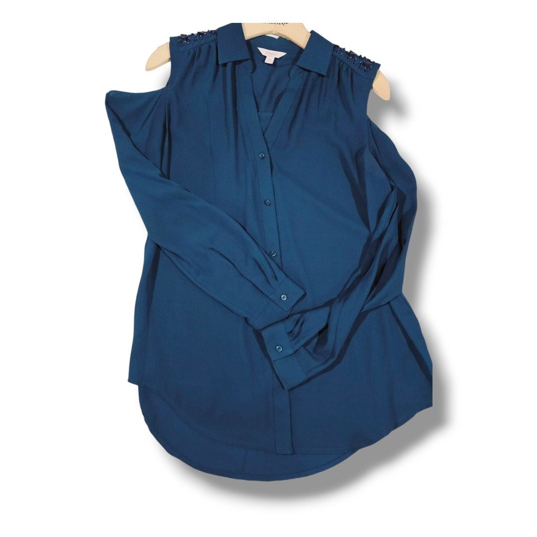 Candie's Size Medium Teal Blue Cold Shoulder Button Down Blouse Embellished