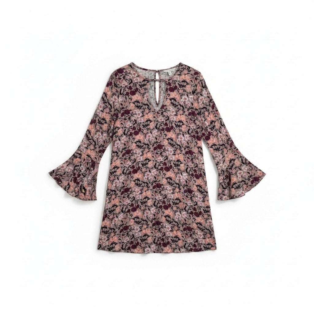 American Eagle Taupe Floral Bell Slit Sleeve Keyhole Mini Dress XL