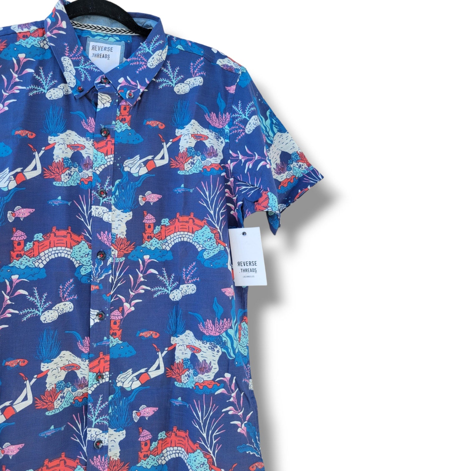 Reverse Threads Men’s Scuba Reef Print Navy Button-Down Shirt Small Cotton New