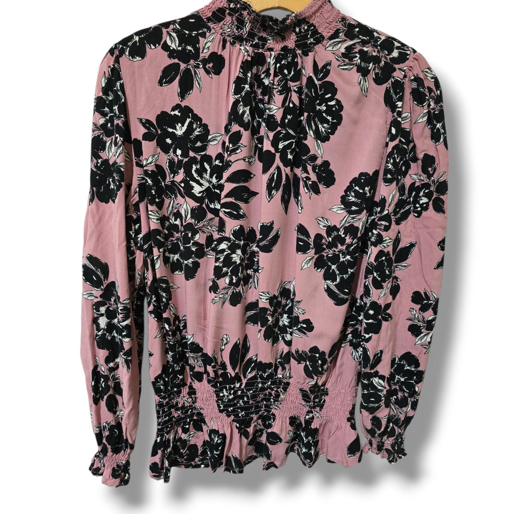 Adrienne Vittadini Pink Floral Smocked Long Sleeve Blouse – Size Large