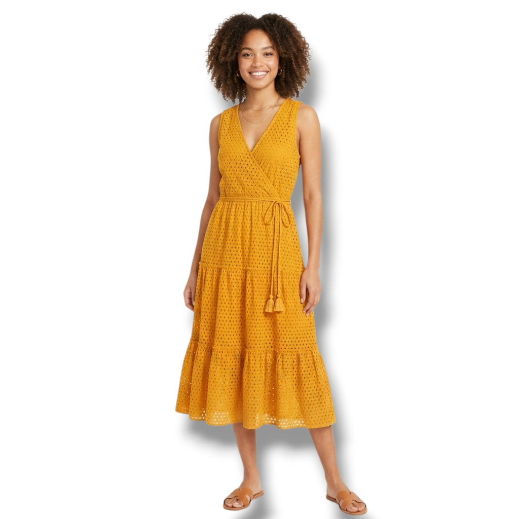 Frye x Anthropologie Mustard Yellow Eyelet Sleeveless Midi Dress – Size Small