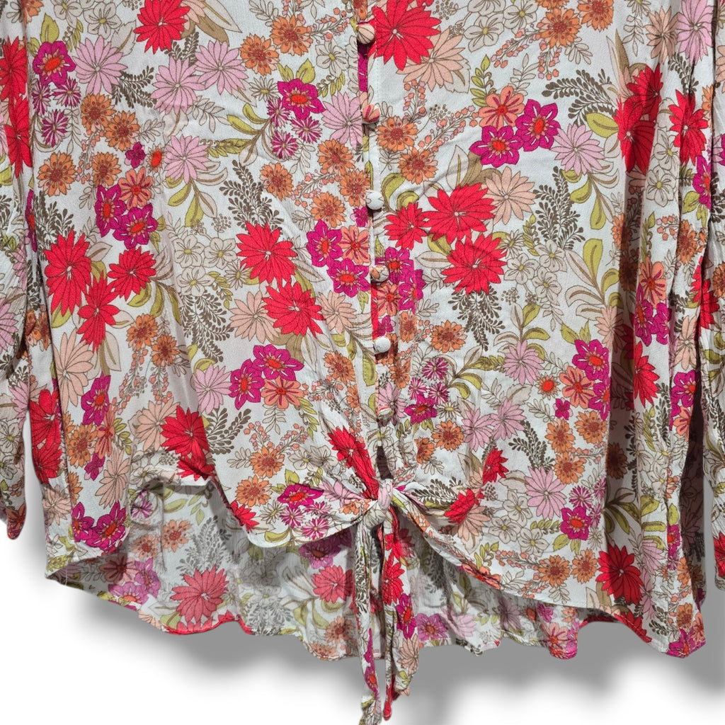 Democracy Women’s Floral Tie-Front Blouse PS Petite – 100% Rayon Boho Style