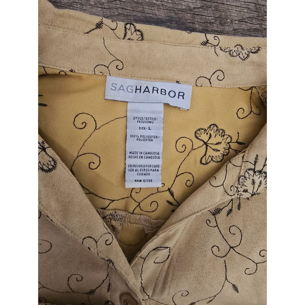Sag Harbor Mustard Yellow Floral Embroidered Faux Suede Button Down top Large