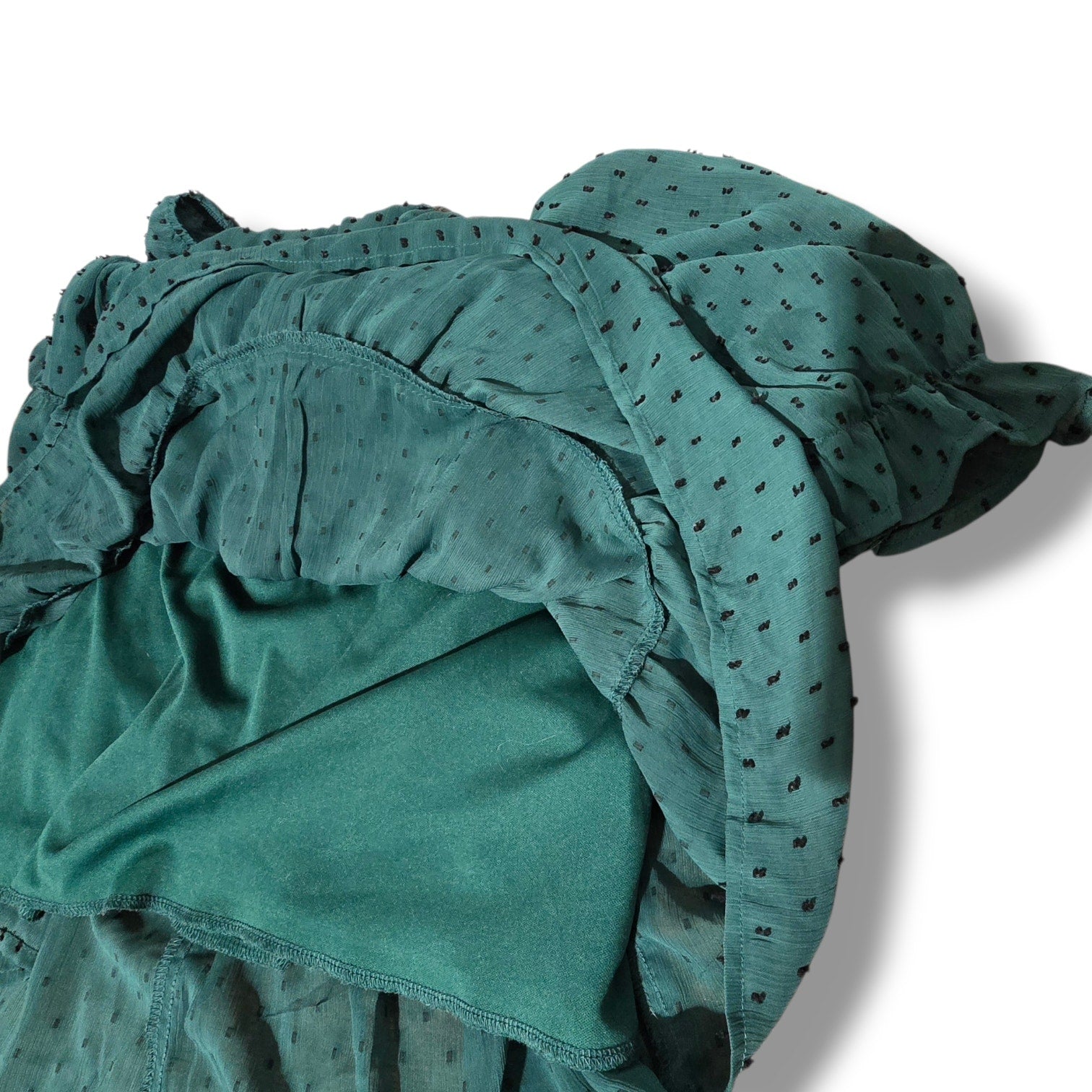 Trixxi Women's Size Large Emerald Green Swiss Dot Smocked Tiered Mini Dress