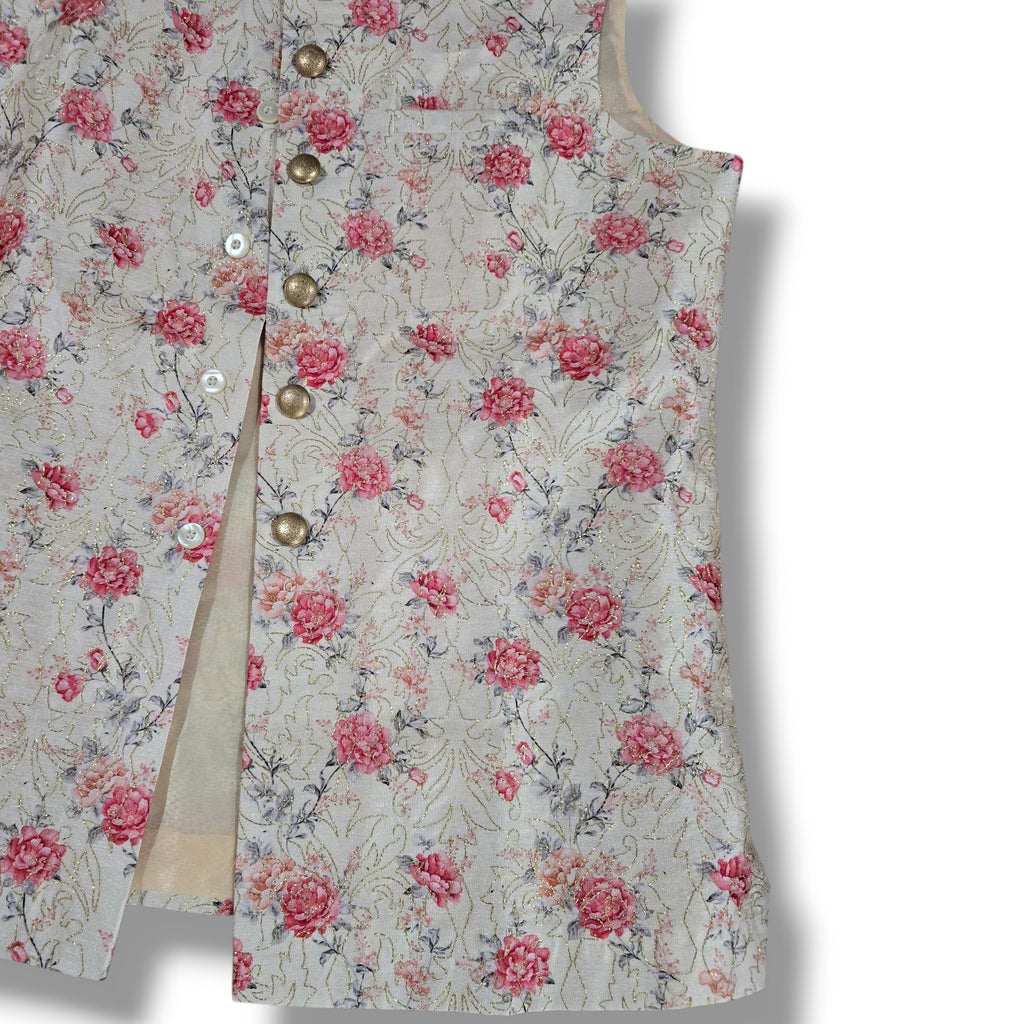 Manyavar men's Beige Jacket With Pink Floral Motifs