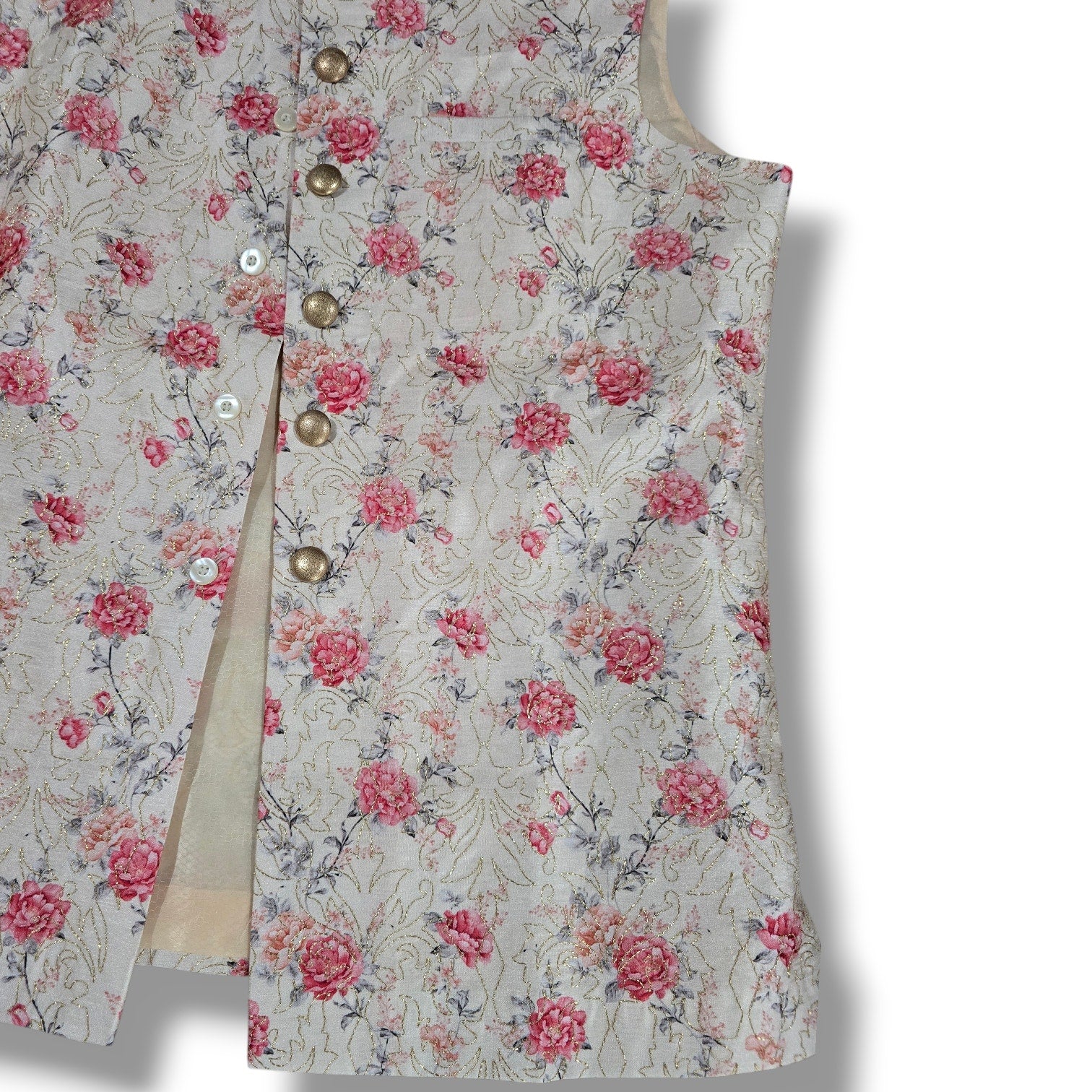 Manyavar men's Beige Jacket With Pink Floral Motifs
