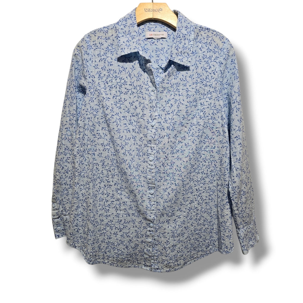 Liz Claiborne Women's Blue Floral Cotton Rayon Button Down Shirt Estimated S