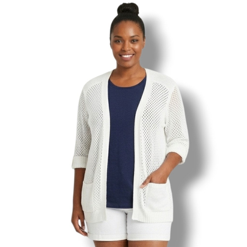 Weekends by Chico's White Open Crochet Knit Cardigan