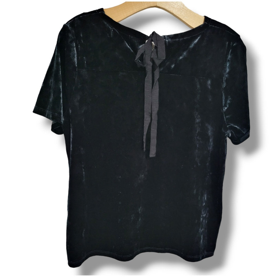 14th & Union Women’s Midnight Blue Velour Short Sleeve Tie-Back Blouse Sz Small