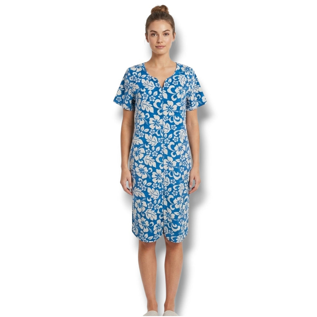 Secret Treasures Blue White Tropical Hibiscus Terry Zip Up House Dress Robe M