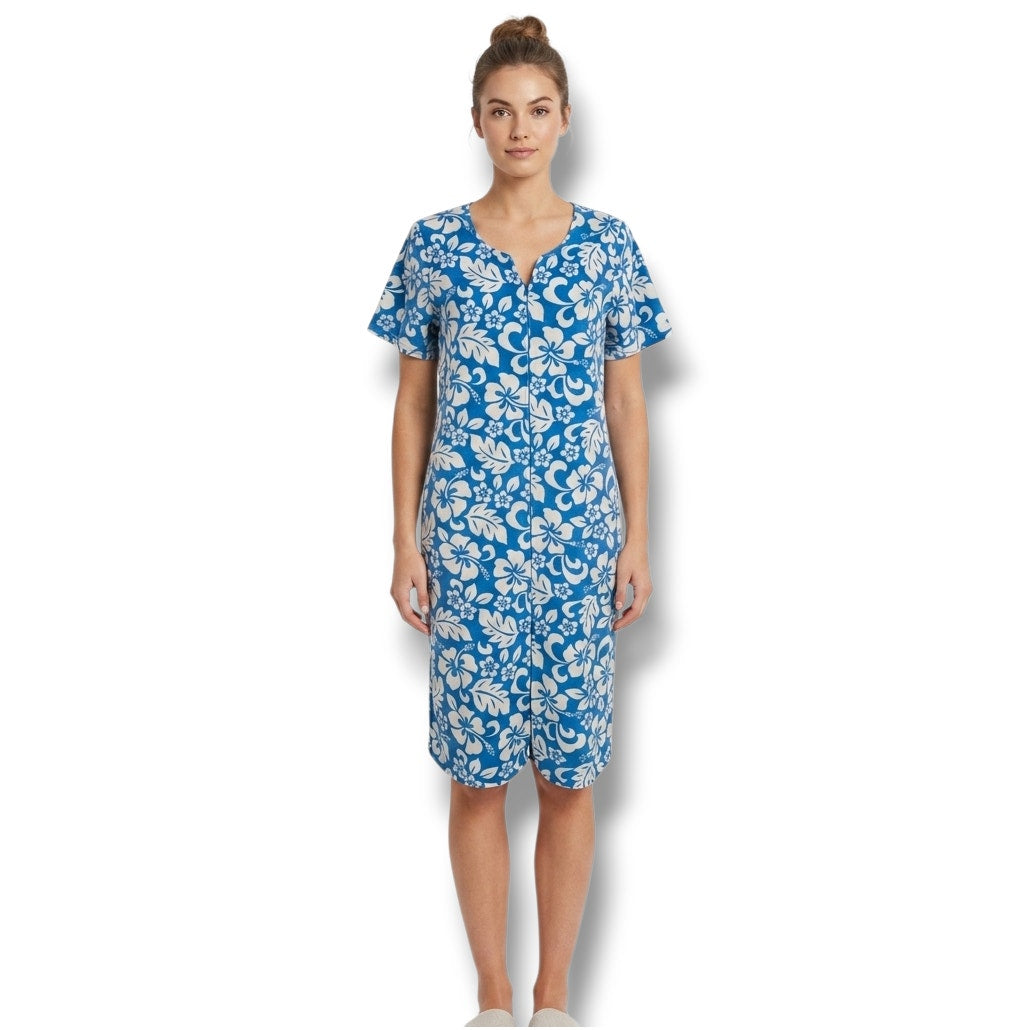 Secret Treasures Blue White Tropical Hibiscus Terry Zip Up House Dress Robe M