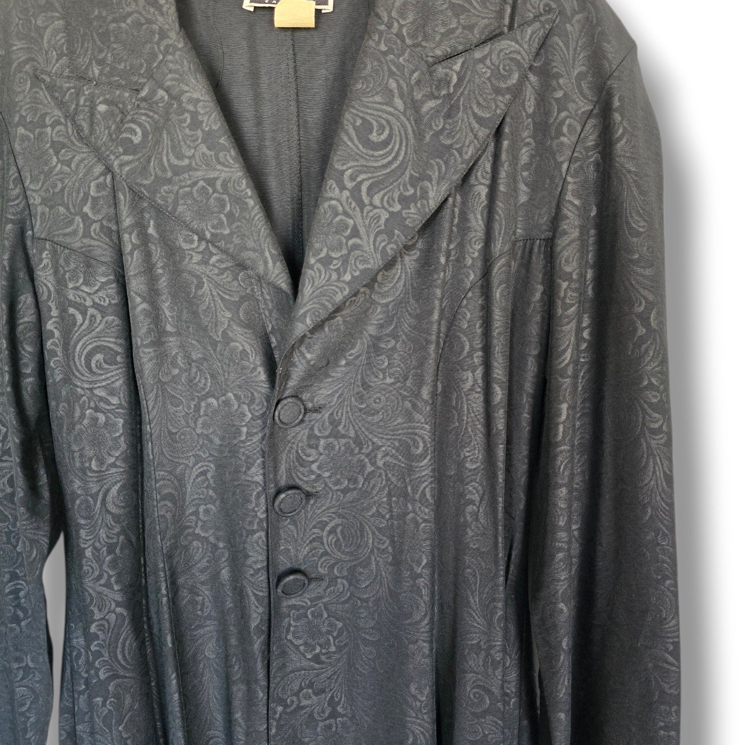CONTEMPO CASUALS Vintage Black Damask Floral Jacquard Longline Blazer Small