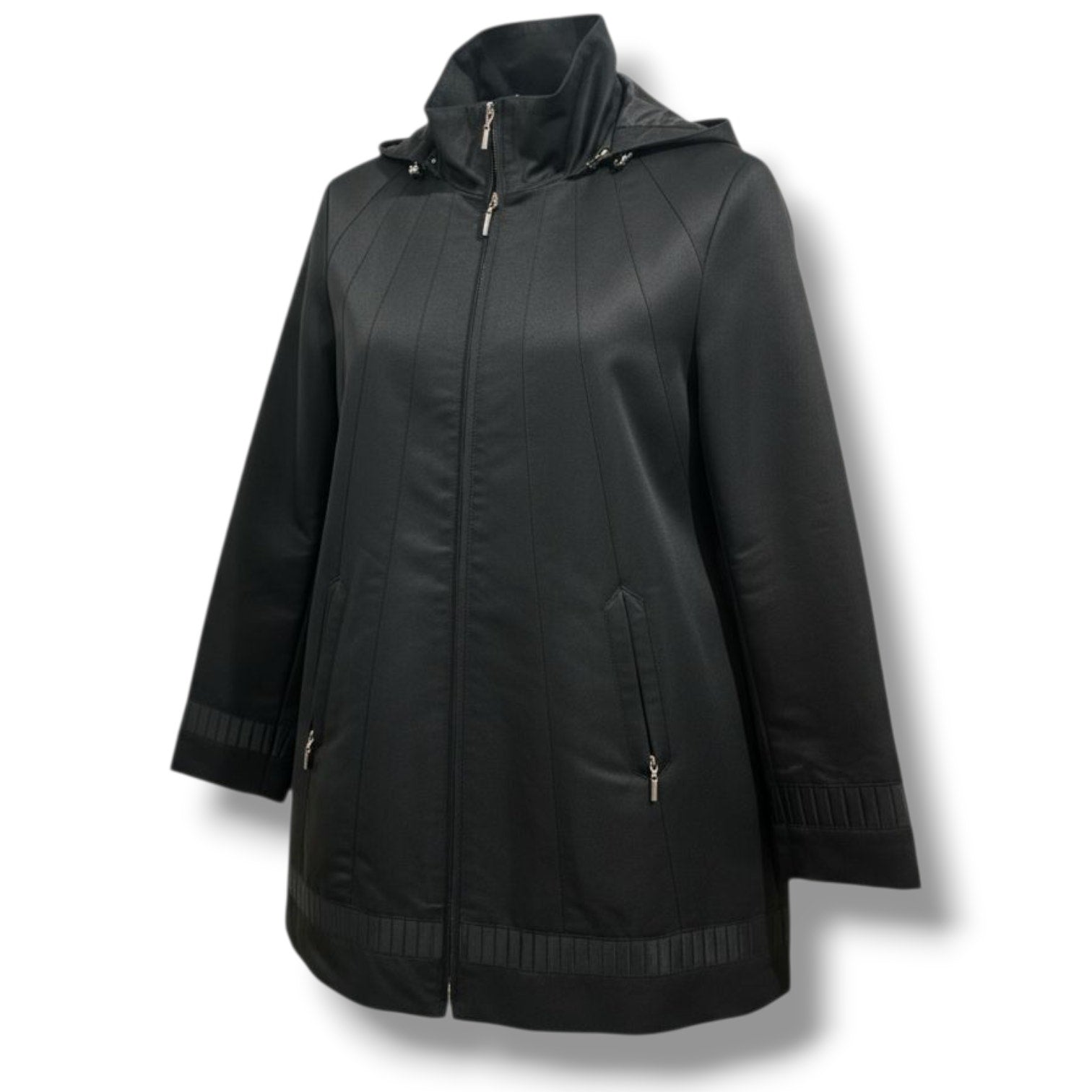 Jones New York Women’s Black Zip-Front Coat with Detachable Hood – Size Large