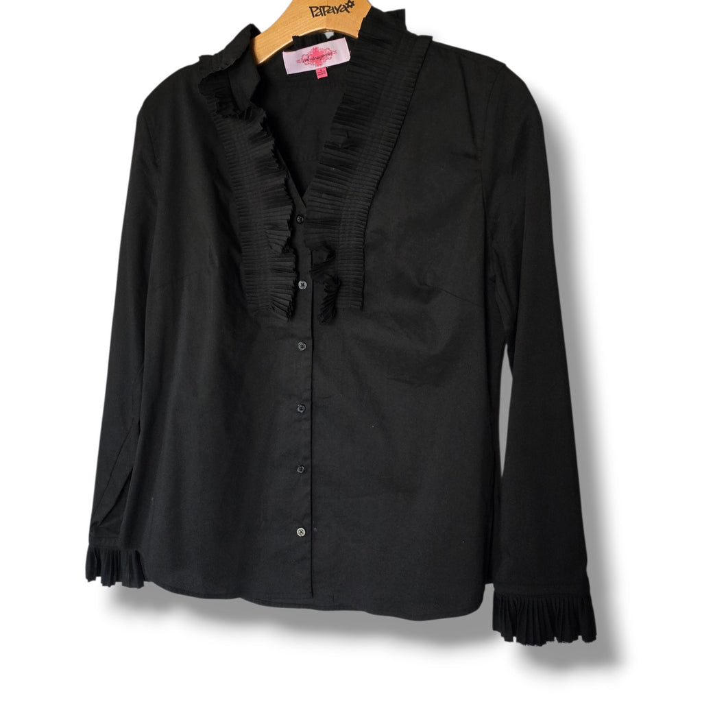Artrageous women's Black Pleated Ruffle Trim Button-Down Blouse – Small