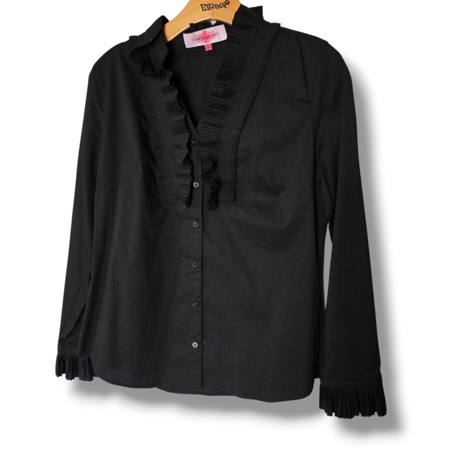 Artrageous women's Black Pleated Ruffle Trim Button-Down Blouse – Small