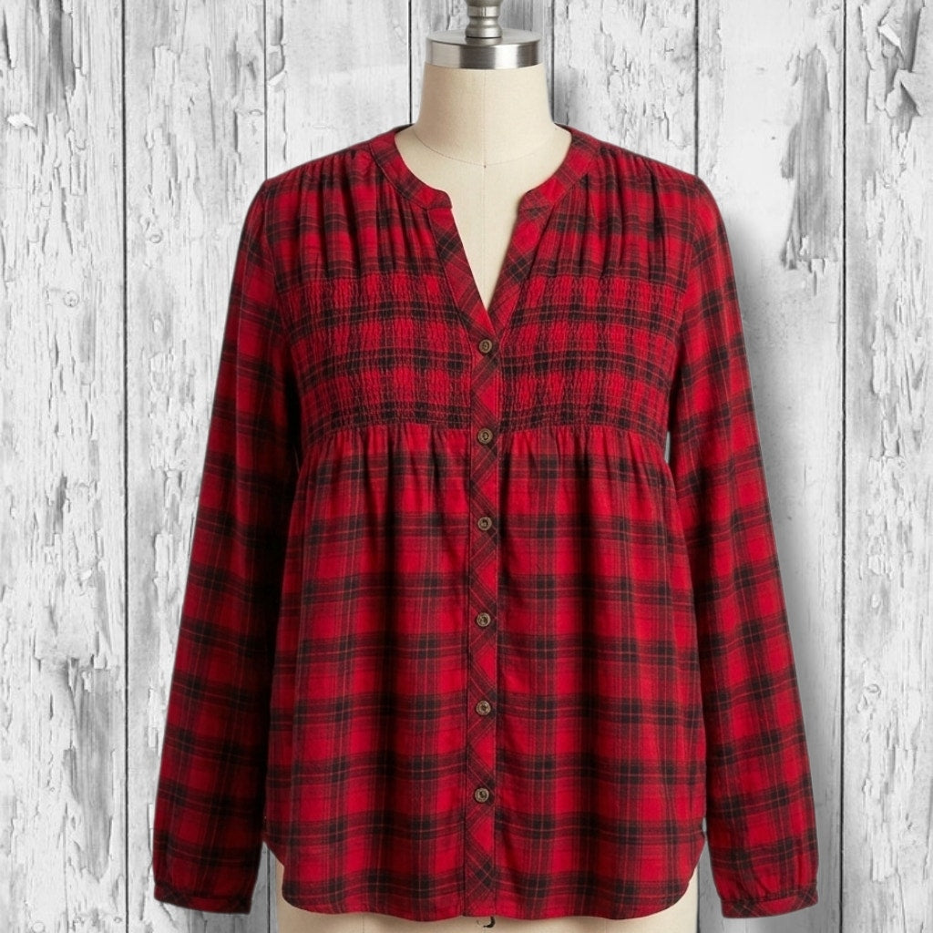 Knox Rose Women's & Black Plaid Smocked Babydoll Blouse - large