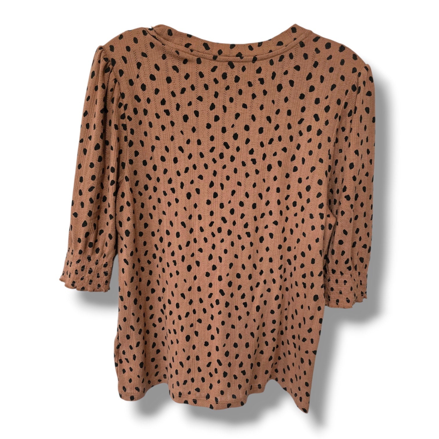 Lucky Brand women's Brown Spotted Puff Sleeve Pointelle Knit Top Large