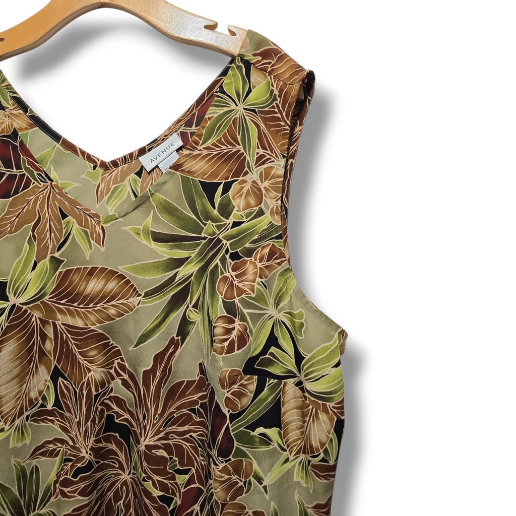Avenue Women's Size 22/24 Green Brown Tropical Palm Leaf V-Neck Tank Top