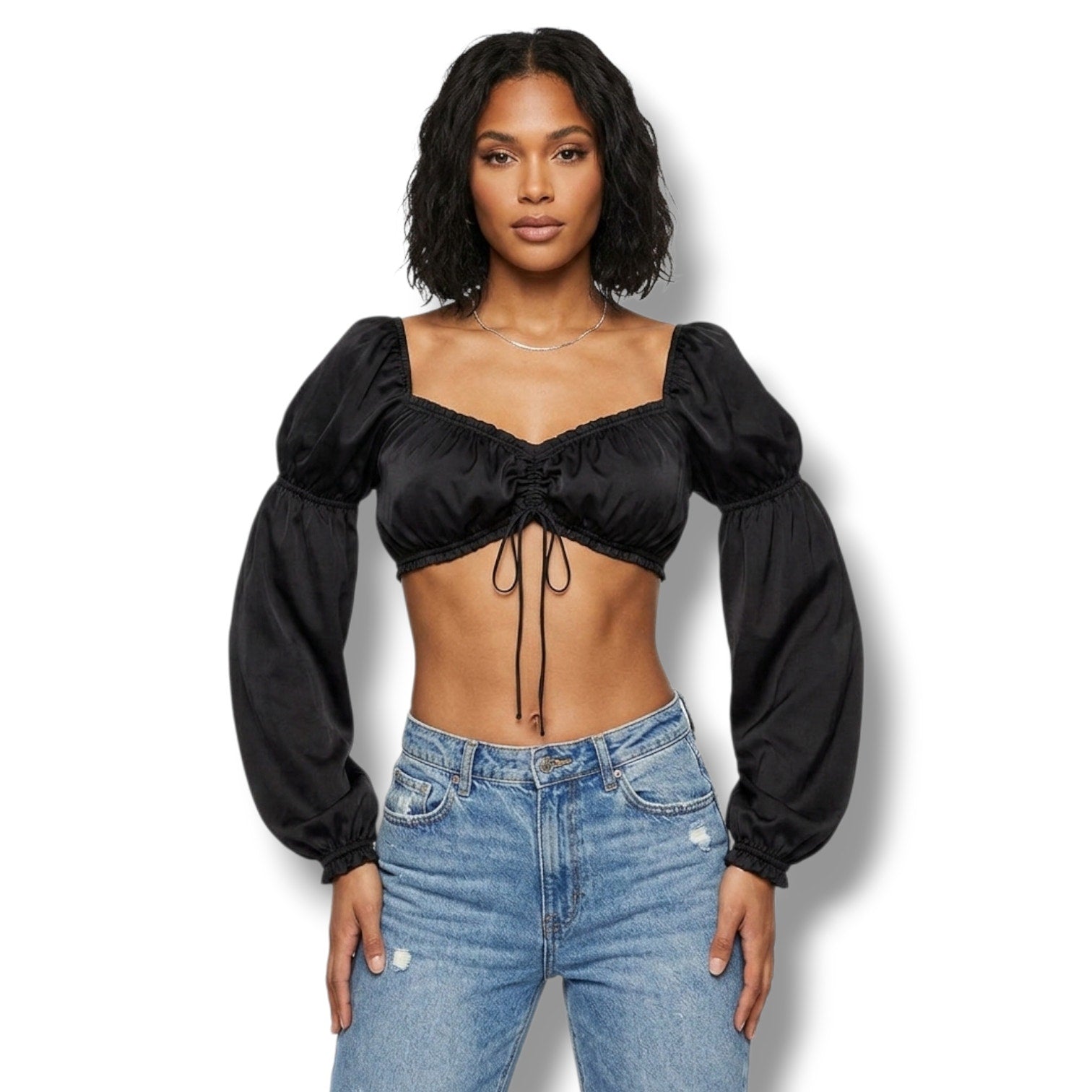 H&M Divided Women’s Black Long Sleeve Puff Crop Top – Size Medium