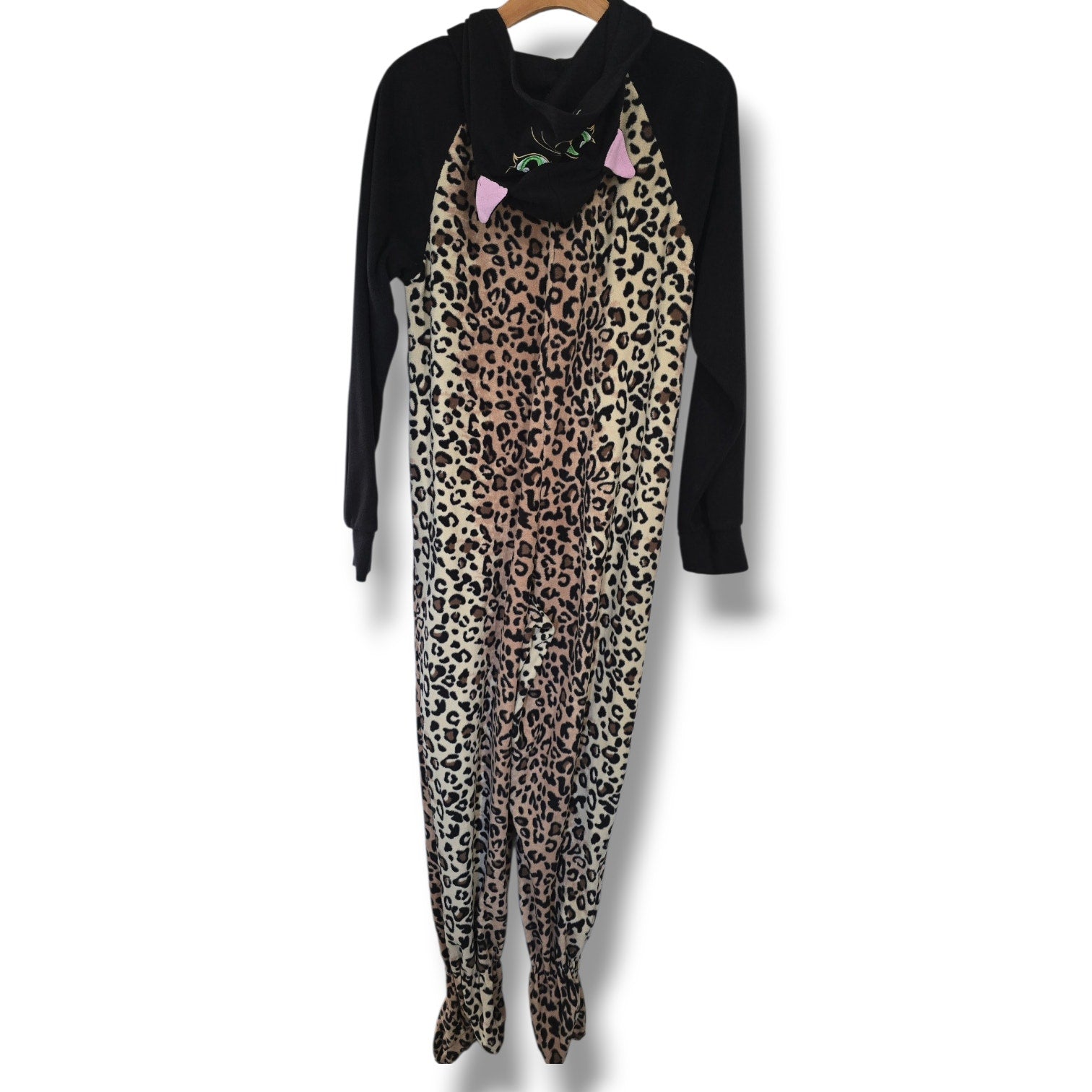 French Jenny Leopard Print Hooded One-Piece Pajamas - Size Medium