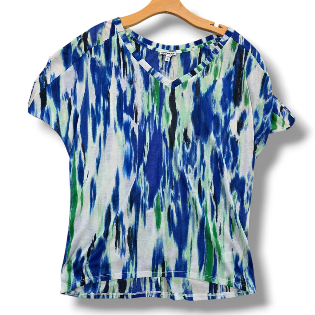 Express Blue & Green Ikat Print Button-Back V-Neck Blouse – Small NWT