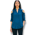 Candie's Size Medium Teal Blue Cold Shoulder Button Down Blouse Embellished