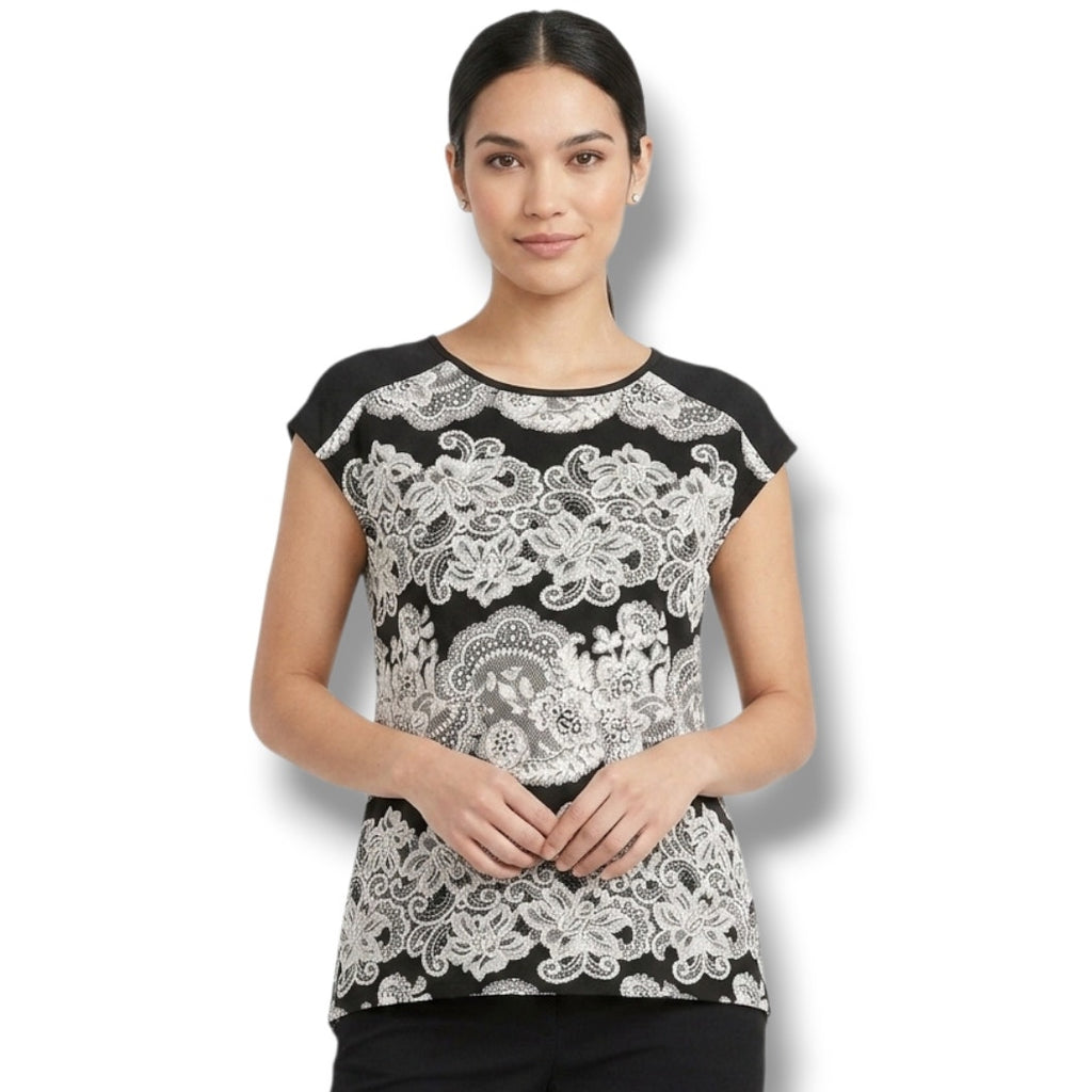 Ava James Black & White Floral Split-Back Blouse – Women’s Medium