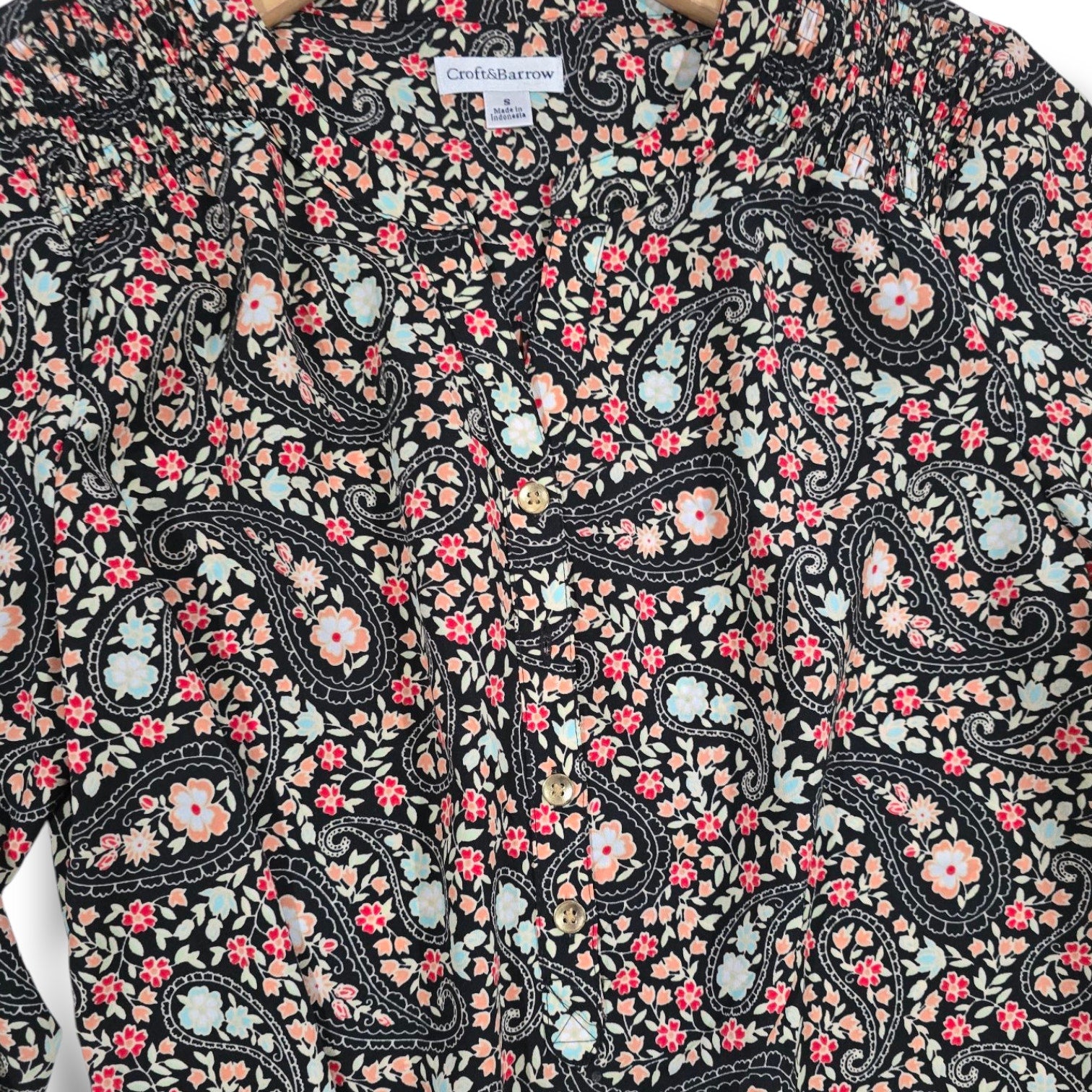 Croft & Barrow Womens Multicolor Paisley Button-Down Blouse Convertible Sleeves