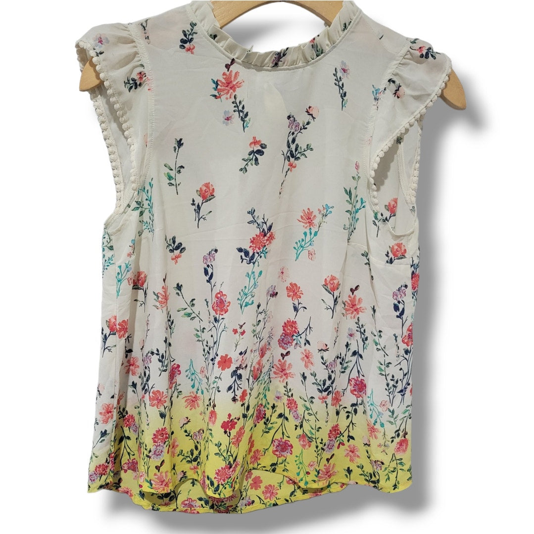 Cresent & Willough Floral Cap Sleeve Tie Neck Blouse Size Small