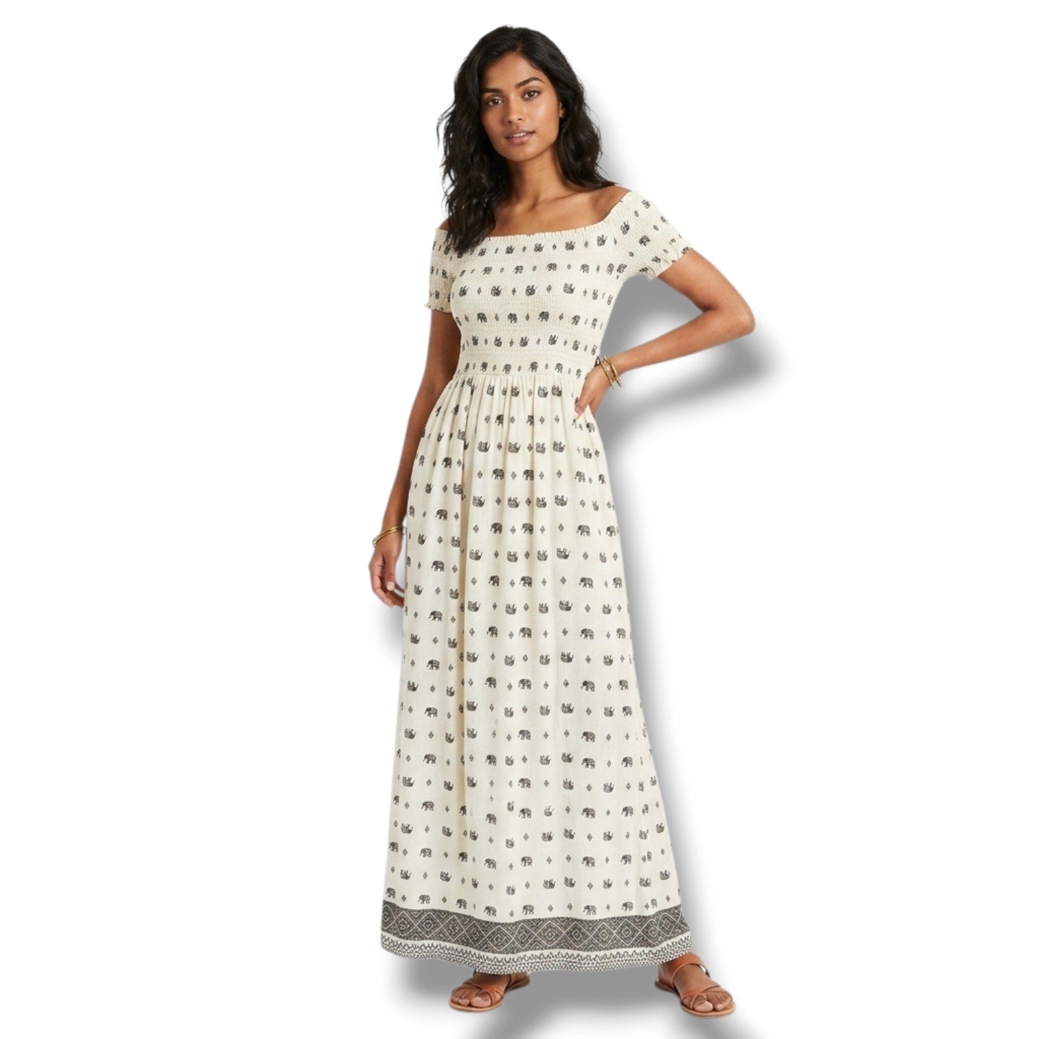 Shosho Elephant Print Off Shoulder Maxi Dress Ivory Juniors Medium