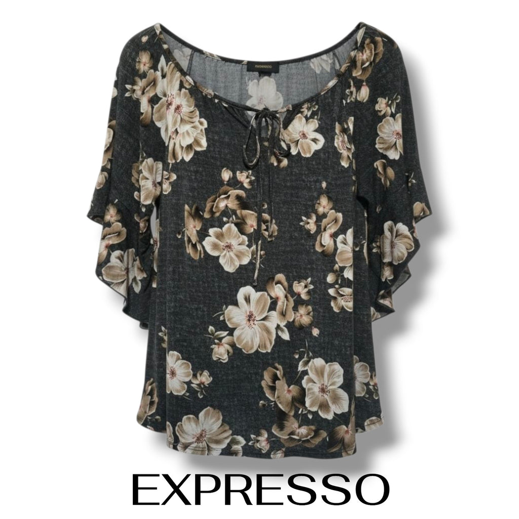 EXPRESSO Floral Flutter Sleeve Lace-Up Blouse XL – Black Beige Stretchy Top