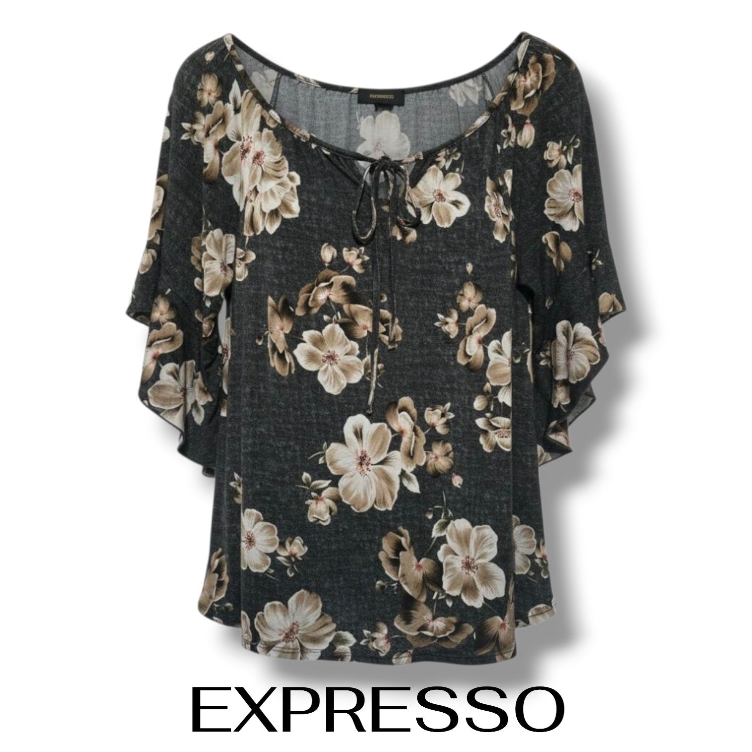 EXPRESSO Floral Flutter Sleeve Lace-Up Blouse XL – Black Beige Stretchy Top