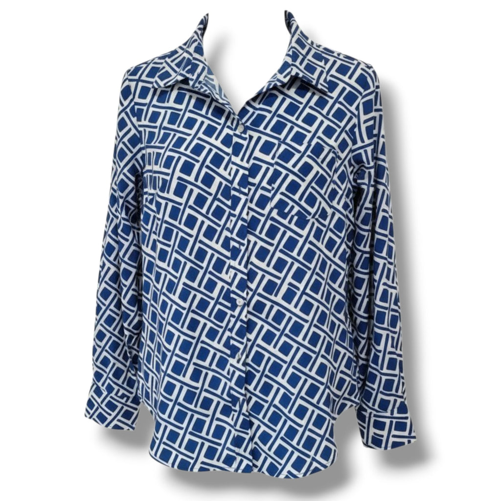 Merona Women’s Blue White Geometric Button-Down Blouse - XS