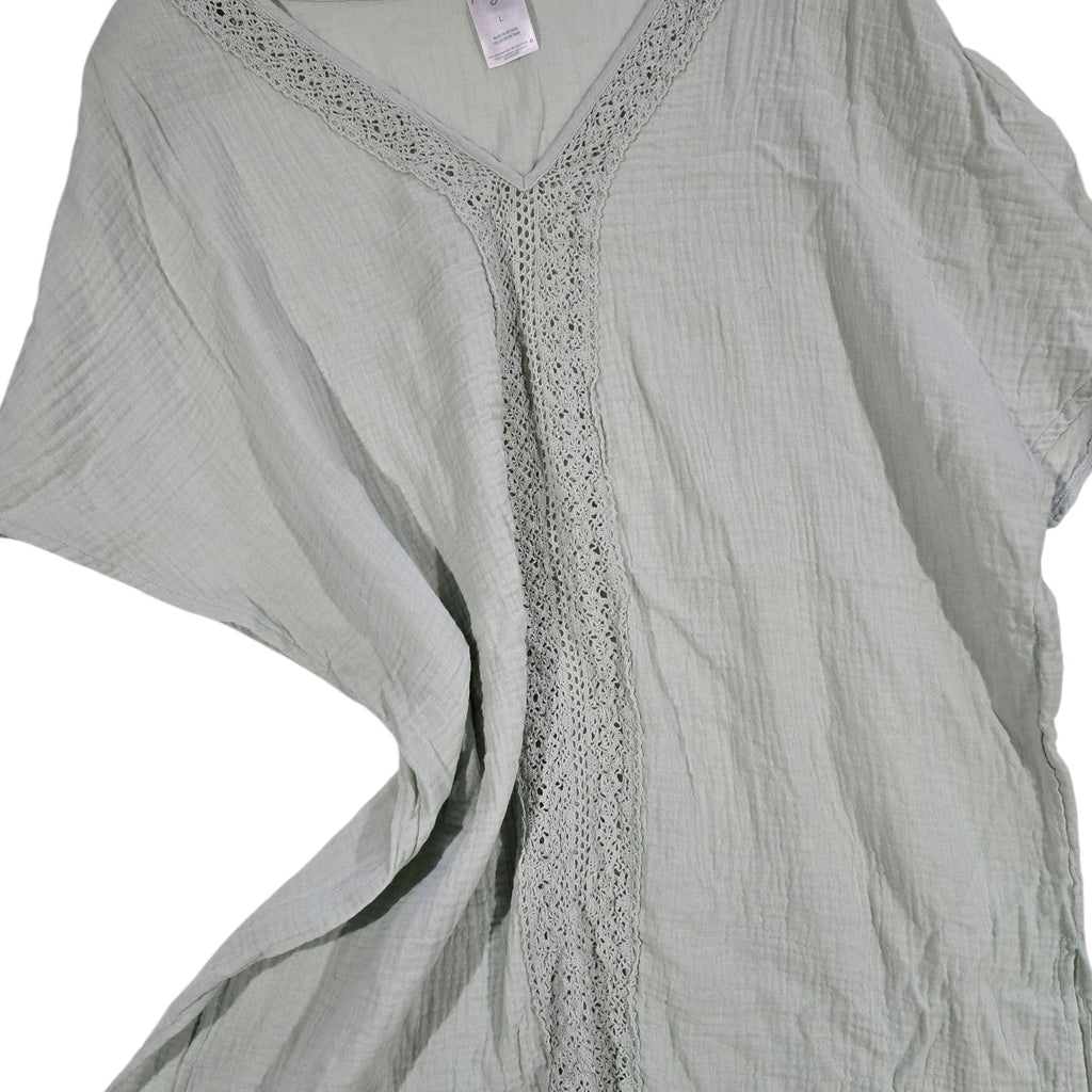 Kona Sol Sage Green Gauze V-Neck Crochet Trim cover up Top Women’s Large